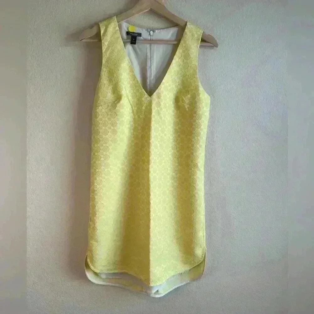 Muse yellow white high‎ low embroidered shift dress S spring fall summer
